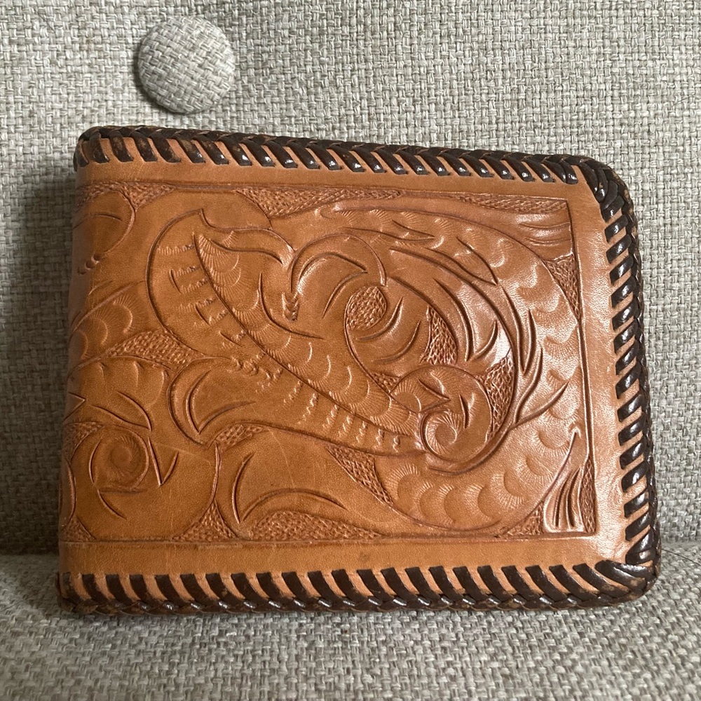 Tooled handmade leather wallet